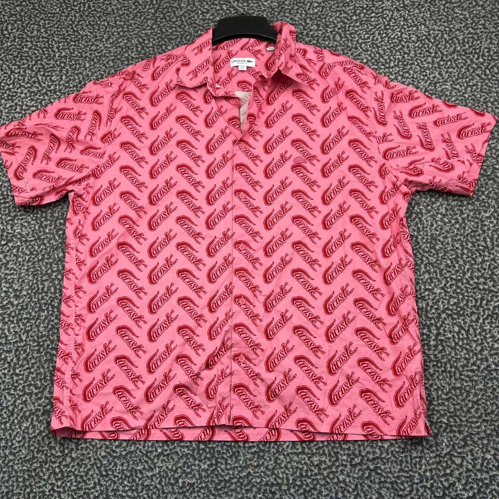Lacoste Button Up Shirt Men Large Pink Relaxed Fit Short Sleeve Cotton L
